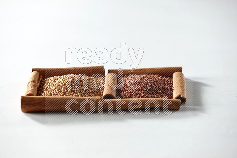 2 squares of cinnamon sticks full of mustard seeds and garden cress on white flooring