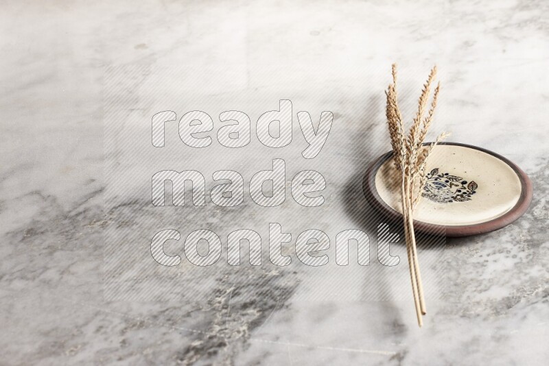 Wheat stalks on decorative pottery plate on grey marble background