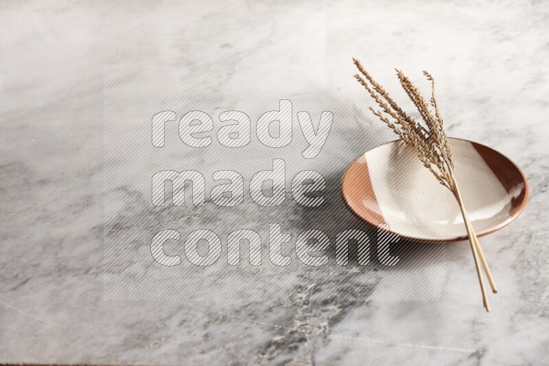 Wheat stalks on multicolored pottery plate on grey marble background