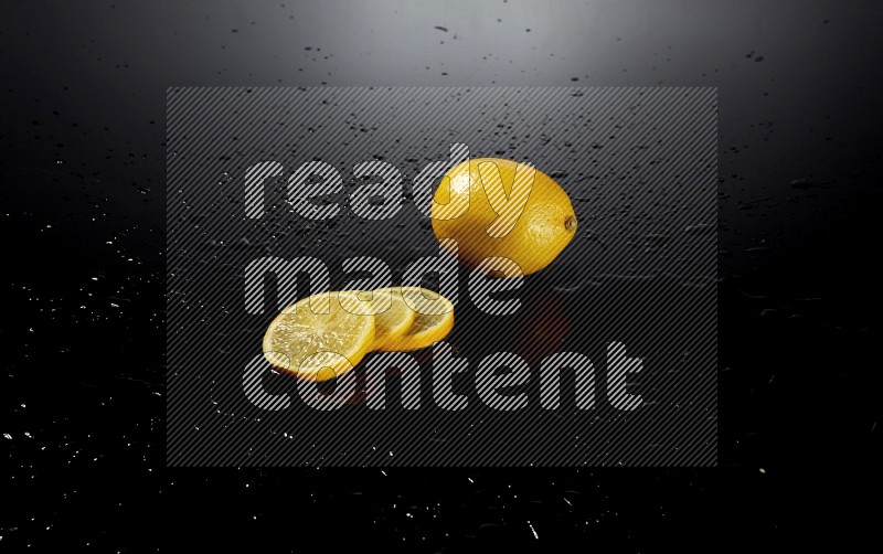 Lemon slices with water drops, and droplets on black background