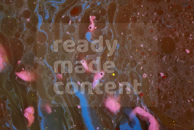 The image depicts a marbling effect with swirling patterns of pink, blue and brown