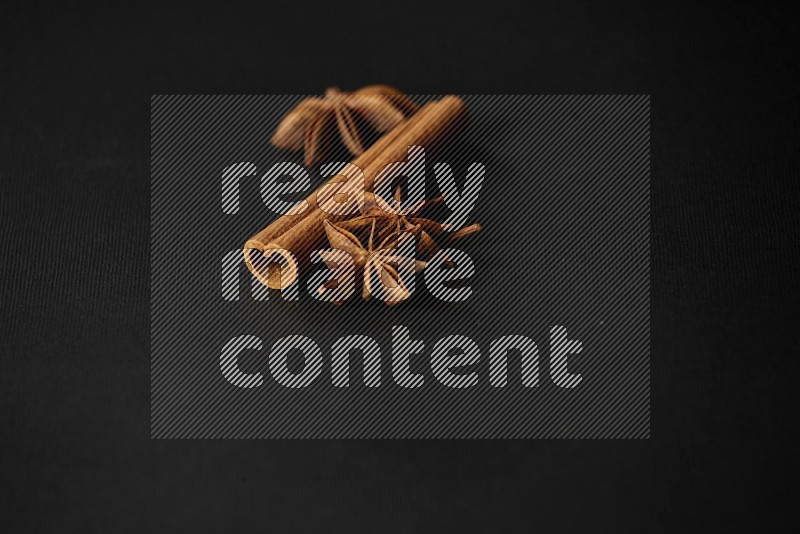 Star Anise herb and a cinnamon stick on a black background