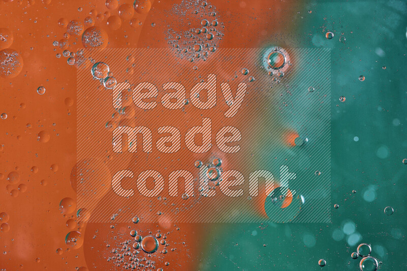 Close-ups of abstract oil bubbles on water surface in shades of green and orange