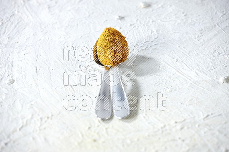 2 metal spoons full of turmeric powder on a textured white background