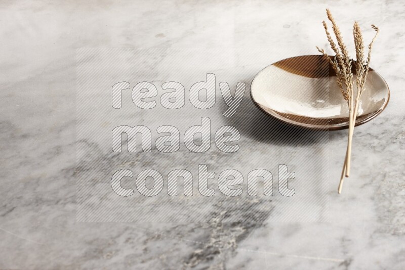 Wheat stalks on multicolored pottery plate on grey marble background
