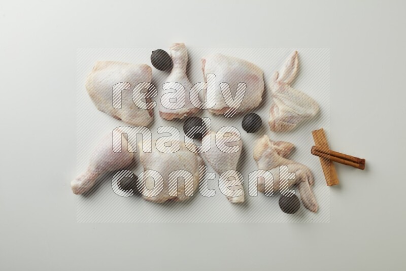 Mixed fresh chicken pieces direct on a white background