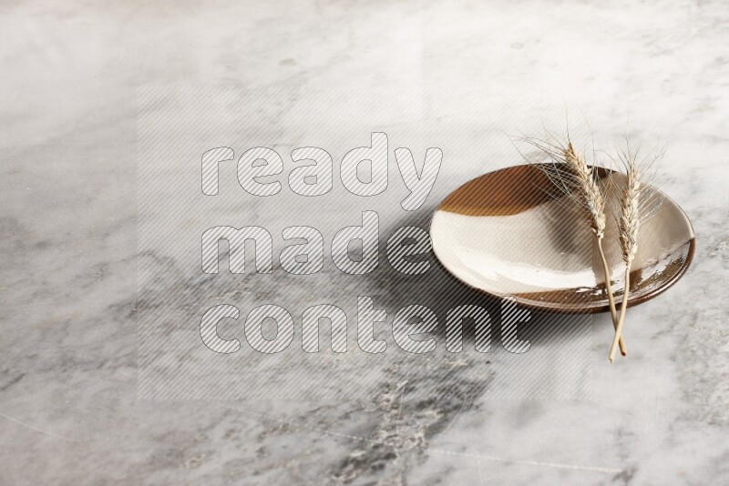 Wheat stalks on multicolored pottery plate on grey marble background