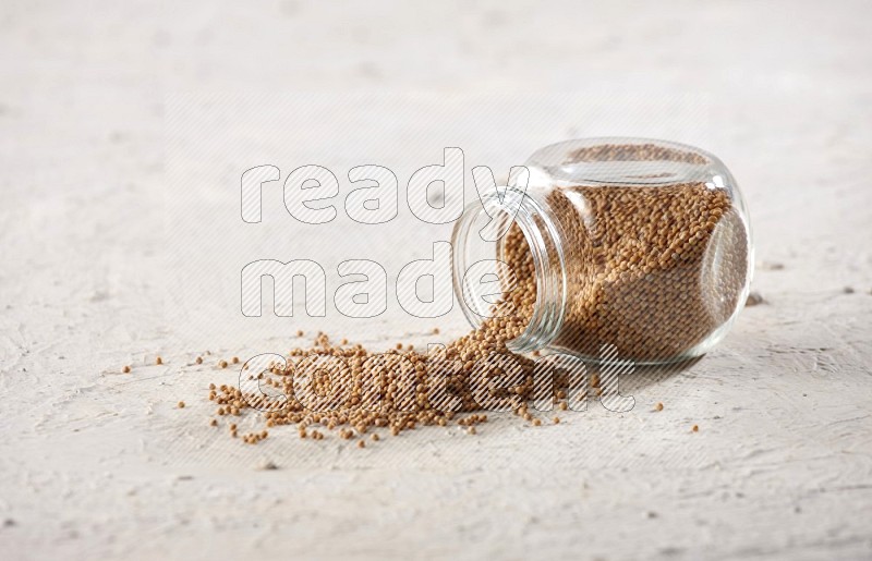A glass spice jar full of mustard seeds and jar is flipped with fallen seeds on a textured white flooring in different angles