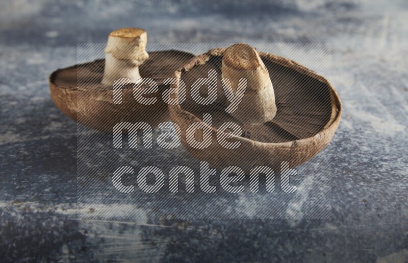 45 degre portobello mushrooms on a textured rustic blue background