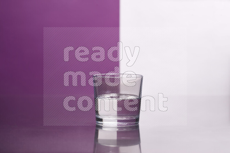 The image features a clear glassware filled with water, set against white and purple background