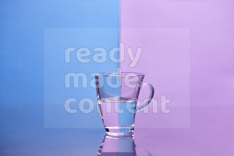 The image features a clear glassware filled with water, set against blue and light purple background