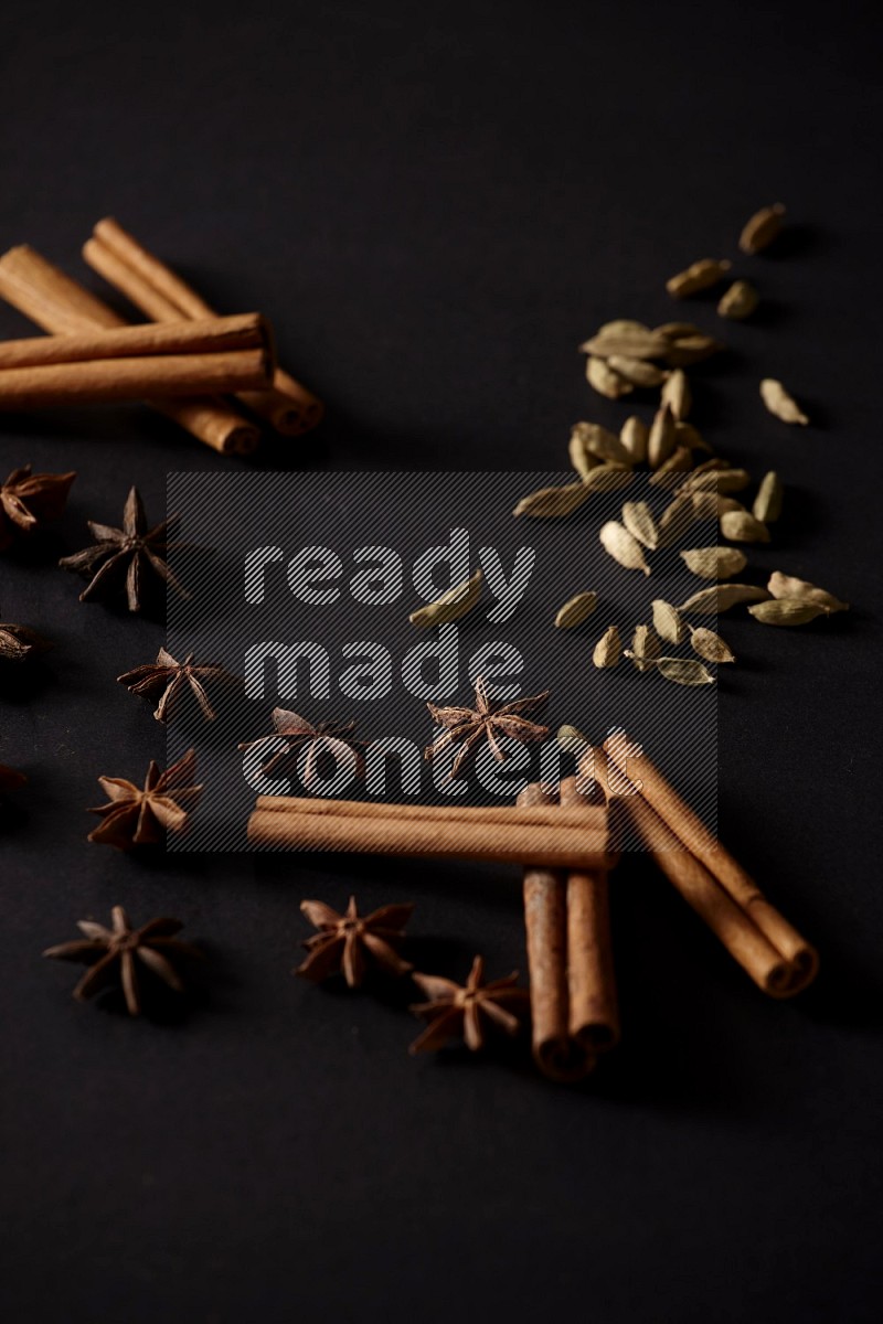 Cinnamon Sticks, Cardamom and star anise on a black background