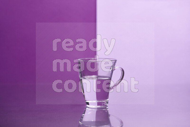 The image features a clear glassware filled with water, set against purple and light purple background