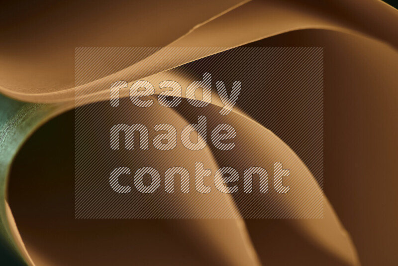 An abstract art piece displaying smooth curves in green and orange gradients created by colored light