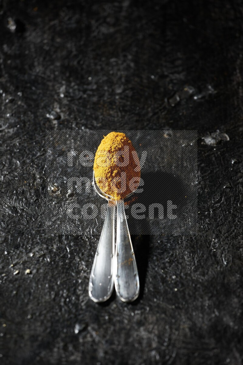 2 metal spoons full of turmeric powder on a textured black background
