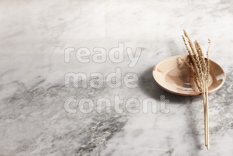 Wheat stalks on multicolored pottery plate on grey marble background
