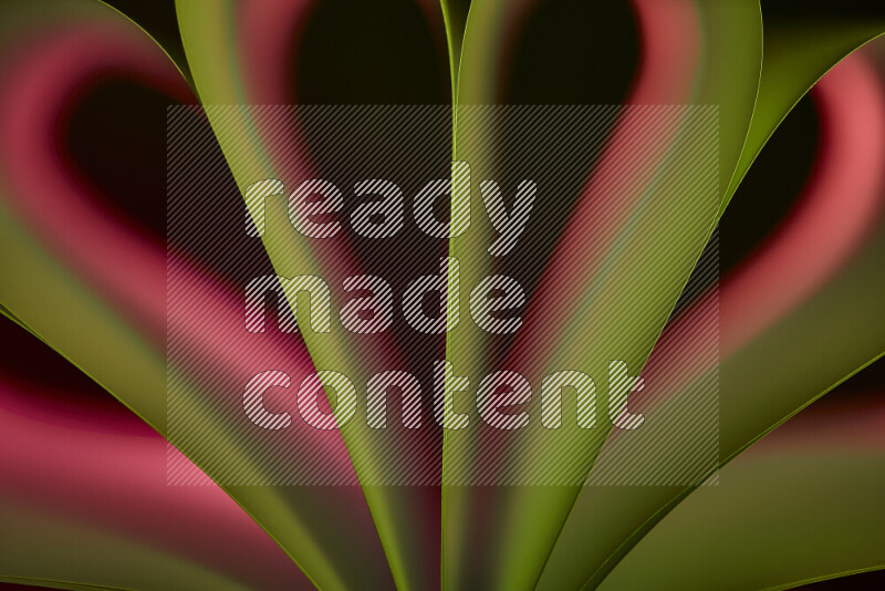 An abstract art piece displaying smooth curves in pink and green gradients created by colored light