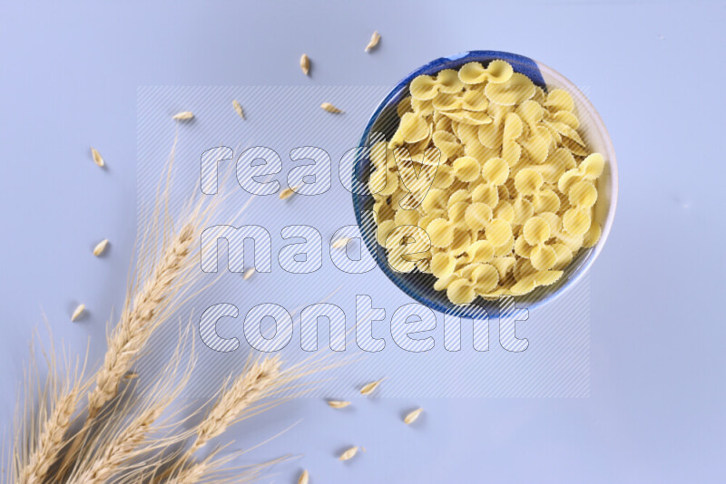 Raw pasta with wheat stalks on light blue background