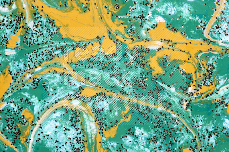 خلفية ملونة مع مزيج من ألوان الطلاء الأخضر والأبيض والذهبي مع بريق ذهبي متناثر