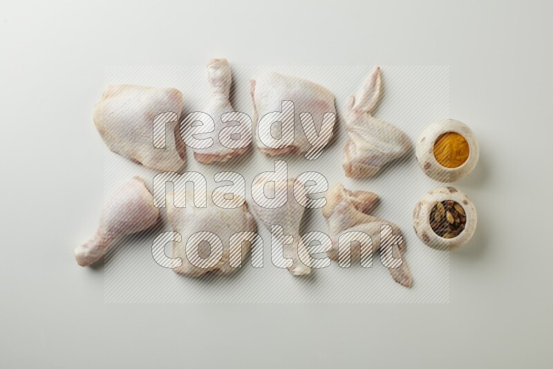 Mixed fresh chicken pieces direct on a white background