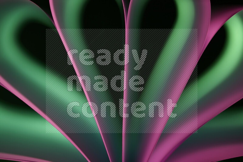 An abstract art piece displaying smooth curves in pink and green gradients created by colored light