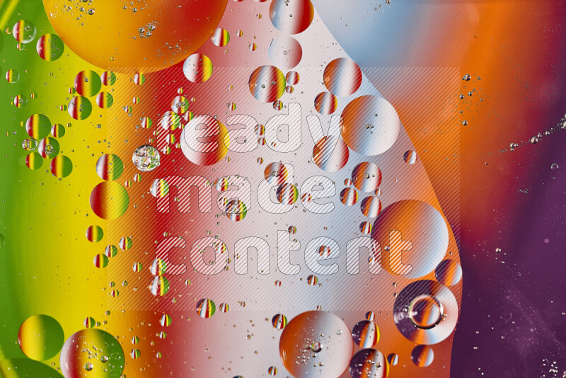 Close-ups of abstract oil bubbles on water surface in multicolors