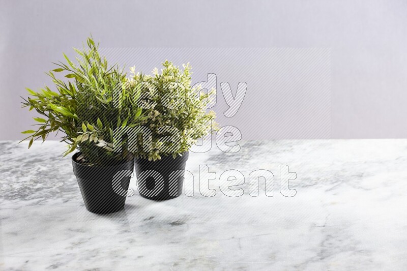 Two different green artificial plants in black pot on grey marble background
