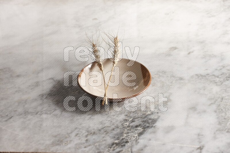 Wheat stalks on multicolored pottery plate on grey marble background