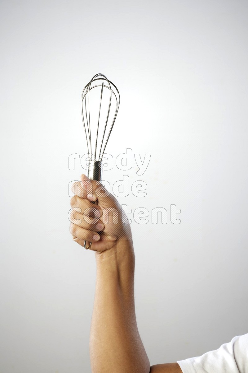 Male Hand Holding Whisk on white background