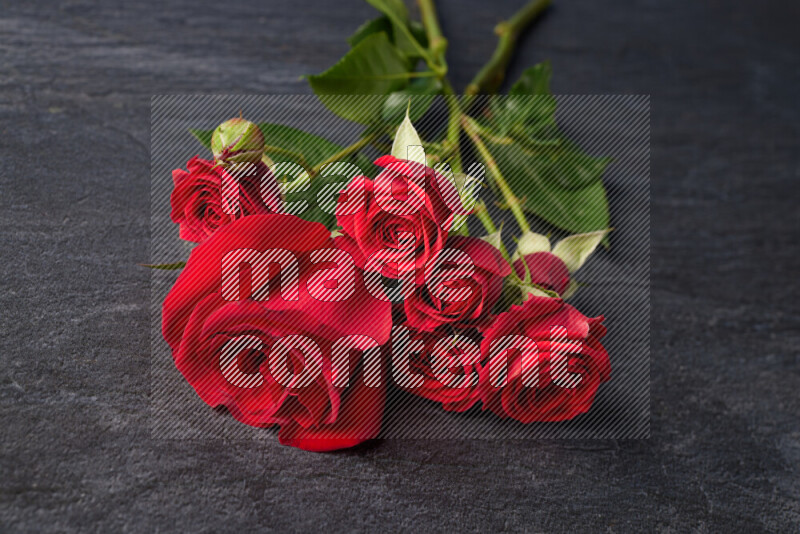 Red roses in different sizes on black marble background