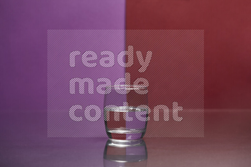 The image features a clear glassware filled with water, set against purple and dark red background