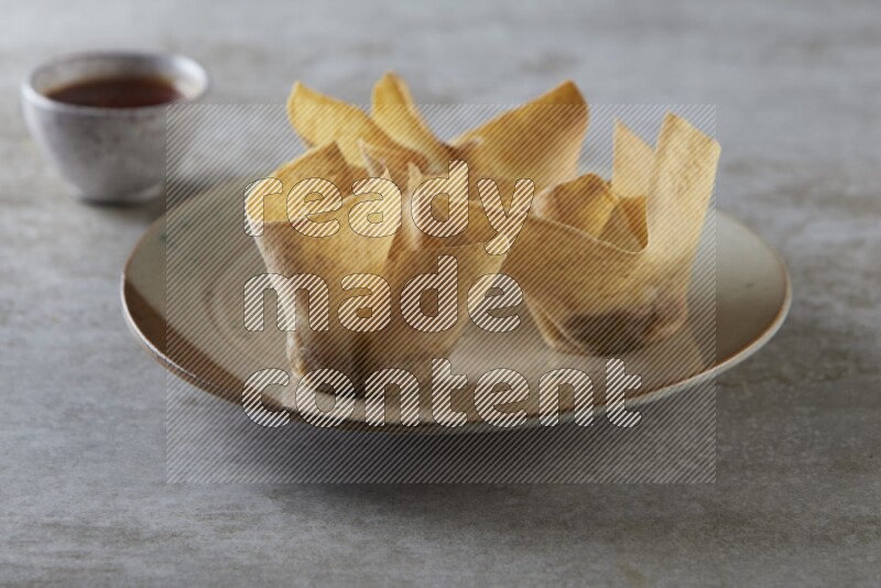 wonton cups with soy sauce ramkin on multi colored pottery on grey textured counter top