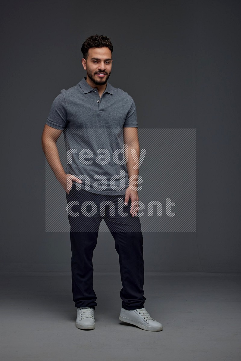 A man wearing casual making multi stand poses  eye level on a gray background