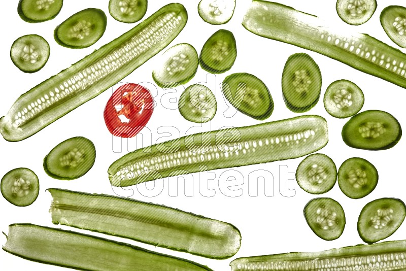 Mixed vegetables slices on illuminated white background