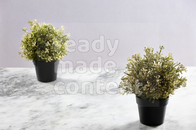 Two artificial plants in black pots on grey marble background