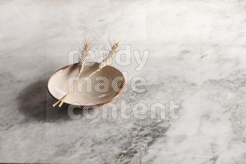 Wheat stalks on multicolored pottery plate on grey marble background