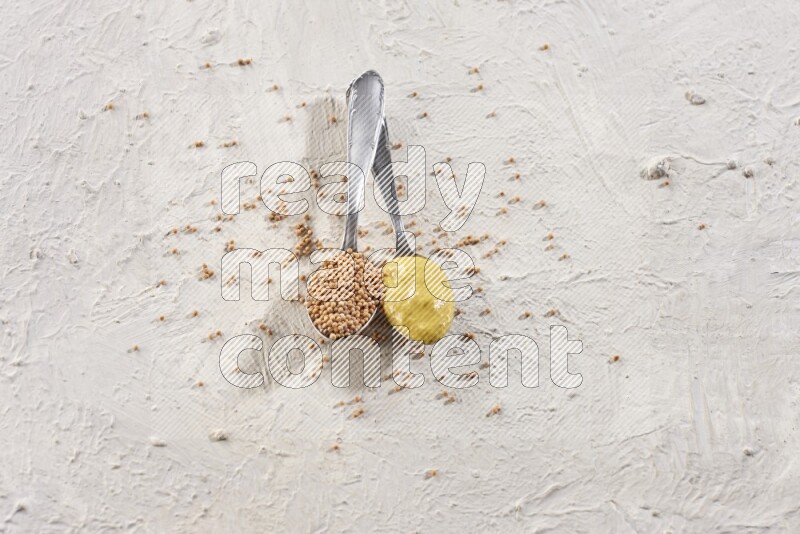 Two metal spoons, one filled with mustard seeds and the other with mustard paste on white background