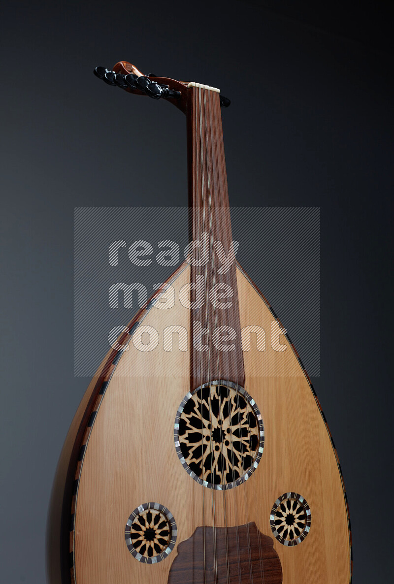 parts of a brown wooden Oud in a gray background