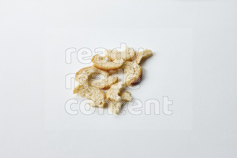 Assorted snacks on white background