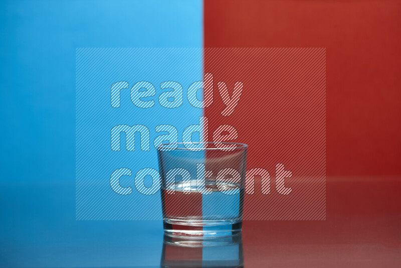 The image features a clear glassware filled with water, set against blue and red background