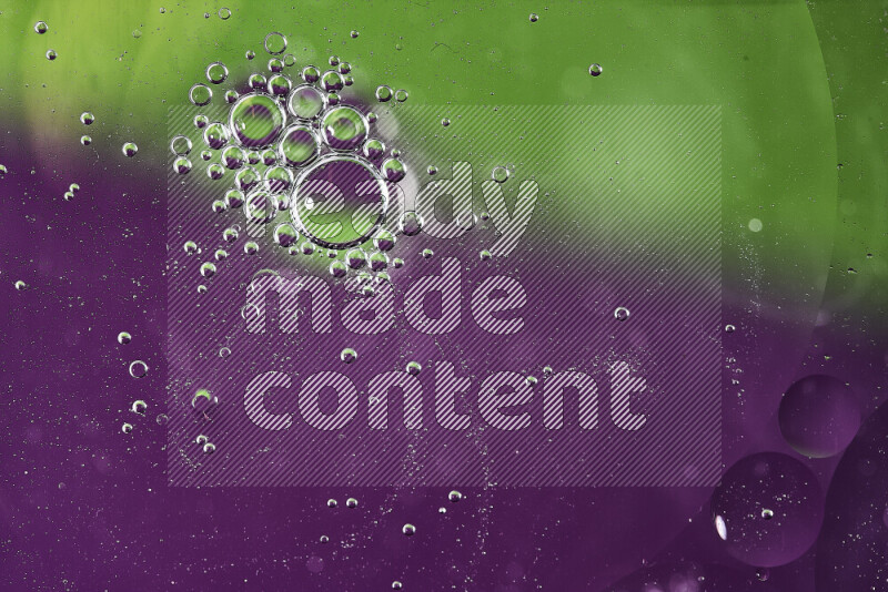 Close-ups of abstract oil bubbles on water surface in shades of green and purple