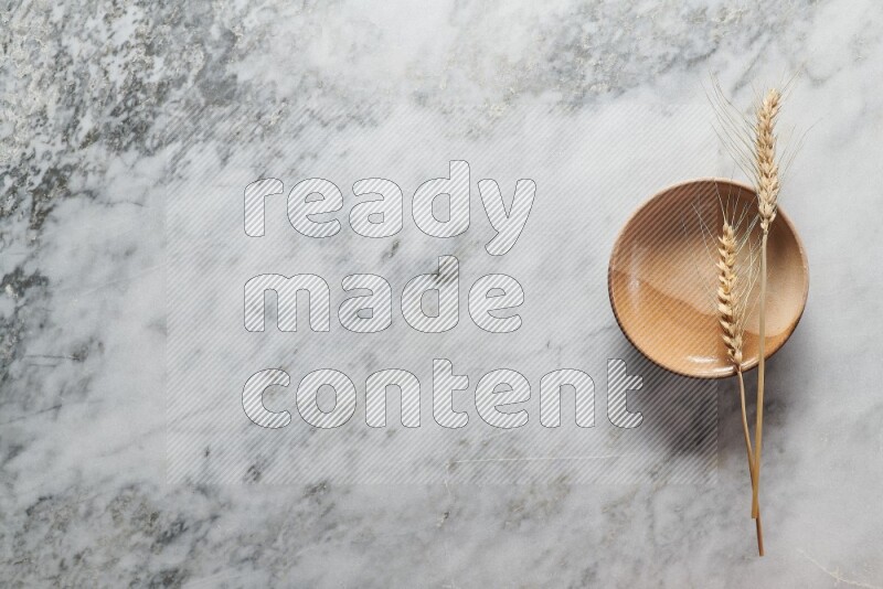 Wheat stalks on multicolored pottery plate on grey marble background