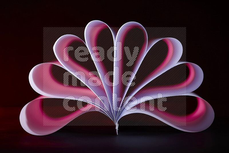 An abstract art piece displaying smooth curves in pink and purple gradients created by colored light