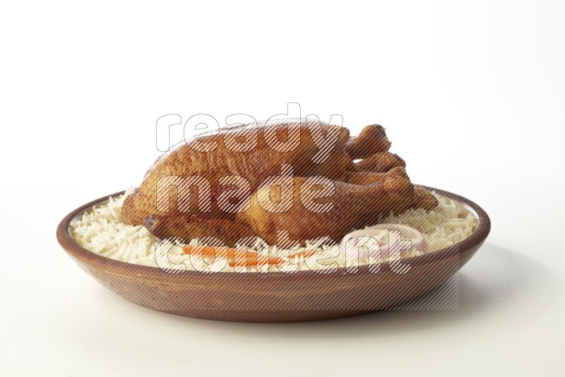 white  basmati Rice with  whole roasted chicken    on a pottery plate  direct  on white background