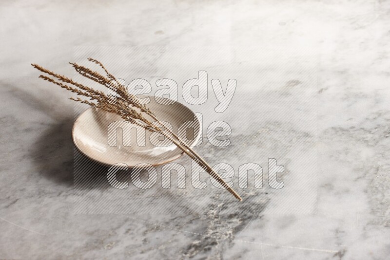 Wheat stalks on Beige Pottery Plate on grey marble flooring, 45 degree angel