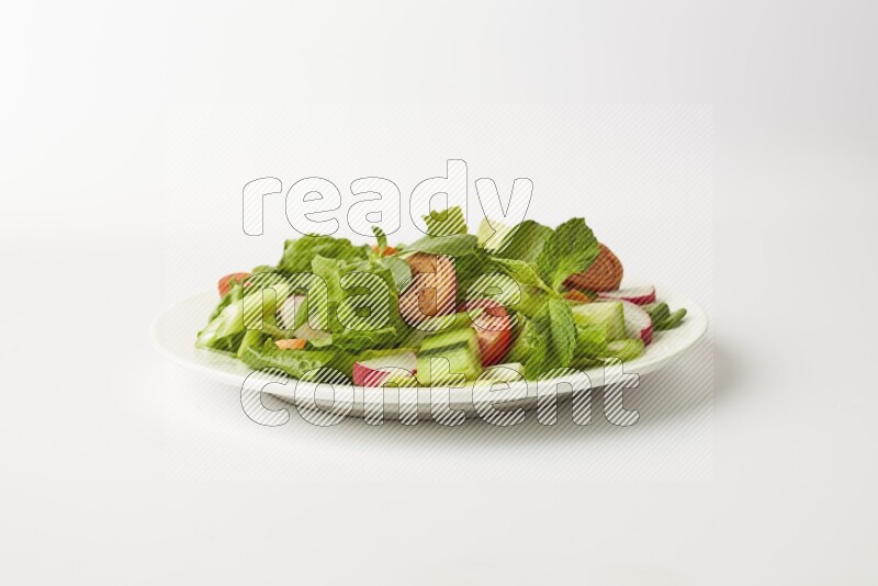 fattoush salad in a white plate direct on a white background