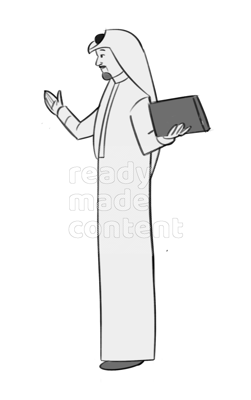 Saudi man holding a book standing different angles eye level