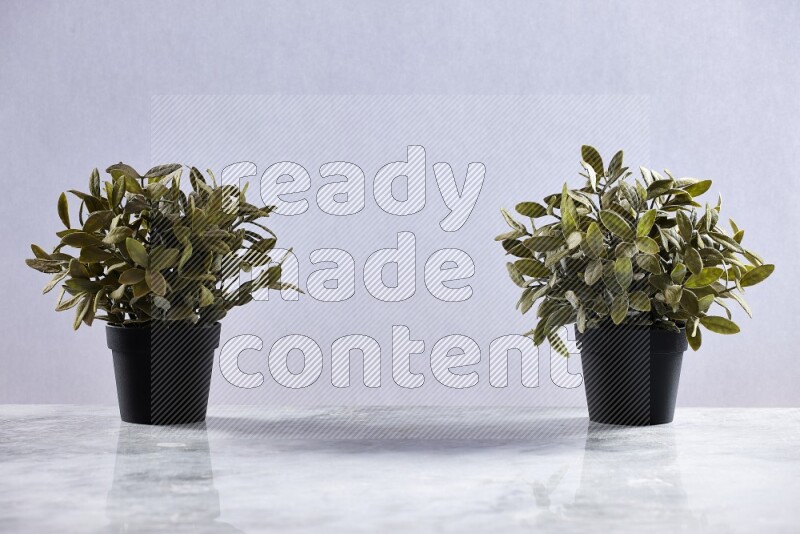 Two green artificial plants in black pots on grey marble background