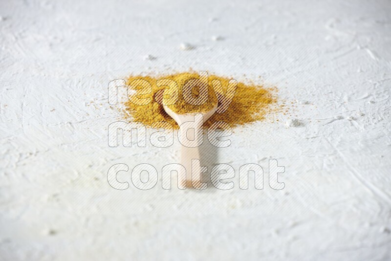 A wooden spoon full of turmeric powder on textured white background