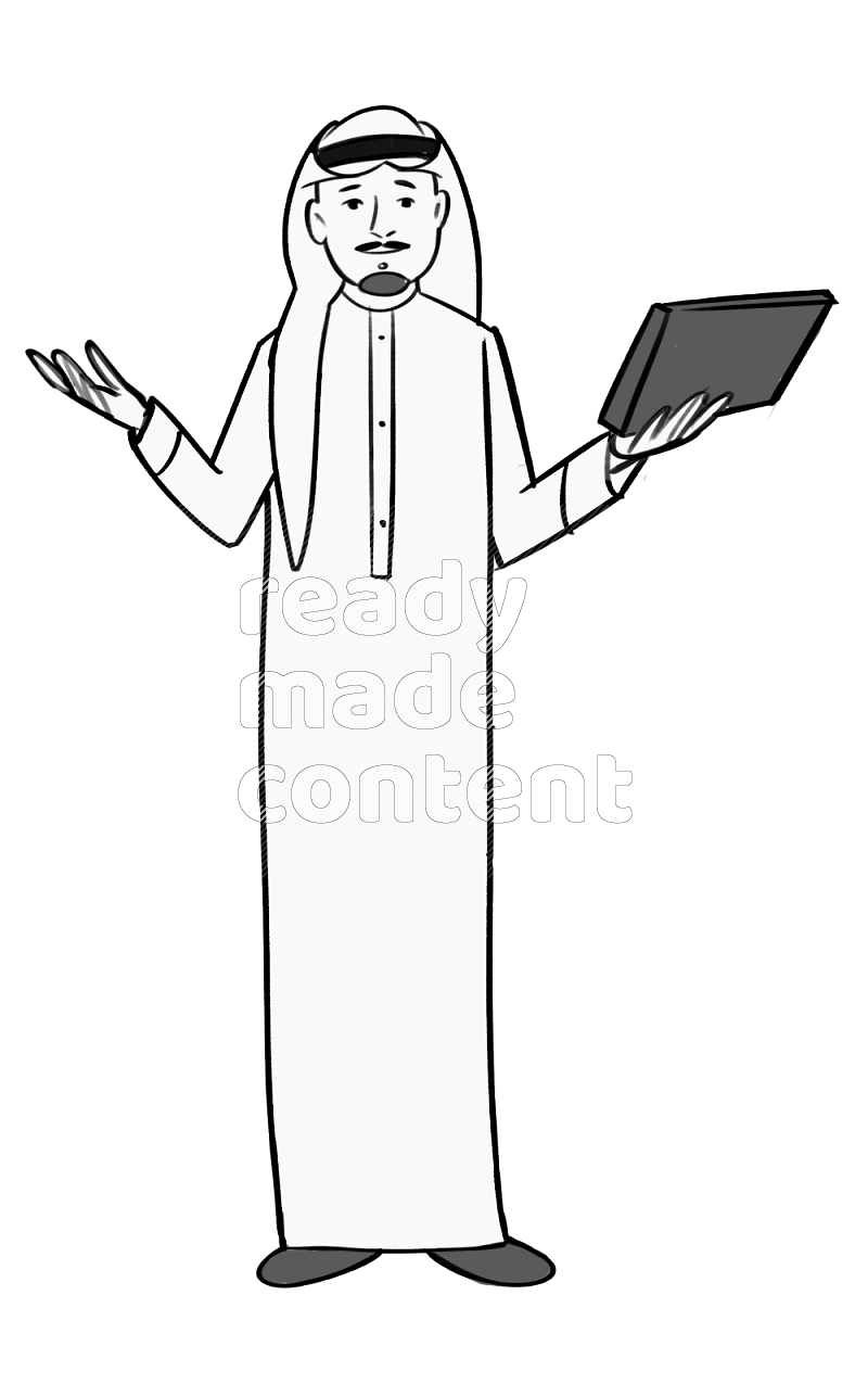 Saudi man holding a book standing different angles eye level